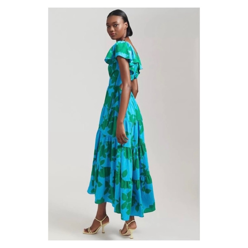 Anthropologie Blue & Green Floral Tiered Midi Dress - Picture 2 of 14